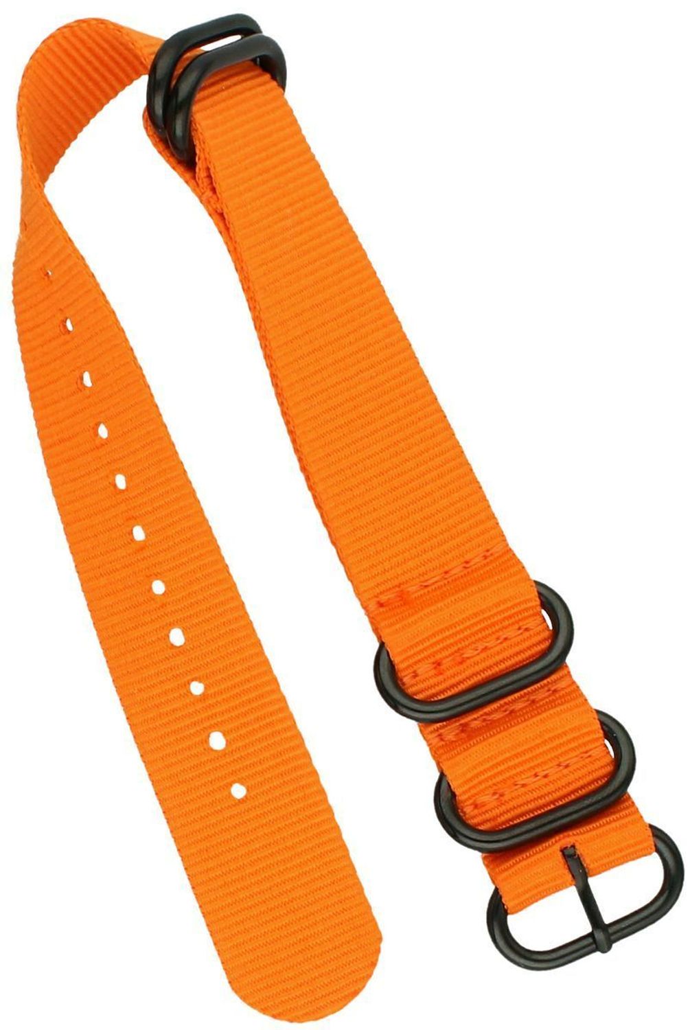 Pasek do zegarka NATO 008 w pomarańczowym kolorze z czarnymi sprzączkami. Nylonowy, parciany, długość 27 cm, szerokość 20 mm. Sportowy i nowoczesny wygląd dla Twojego zegarka.1.jpg